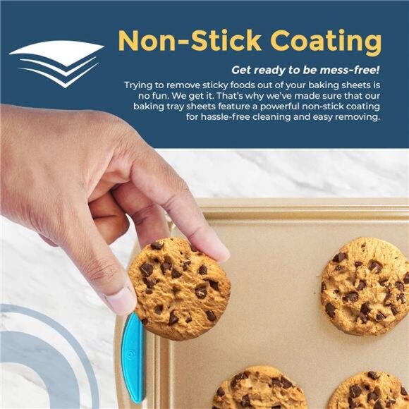 Cookie Sheet Baking Pan 2 Piece Set,9x13" Gold Nonstick Trays with Blue Silicone - Picture 6 of 8
